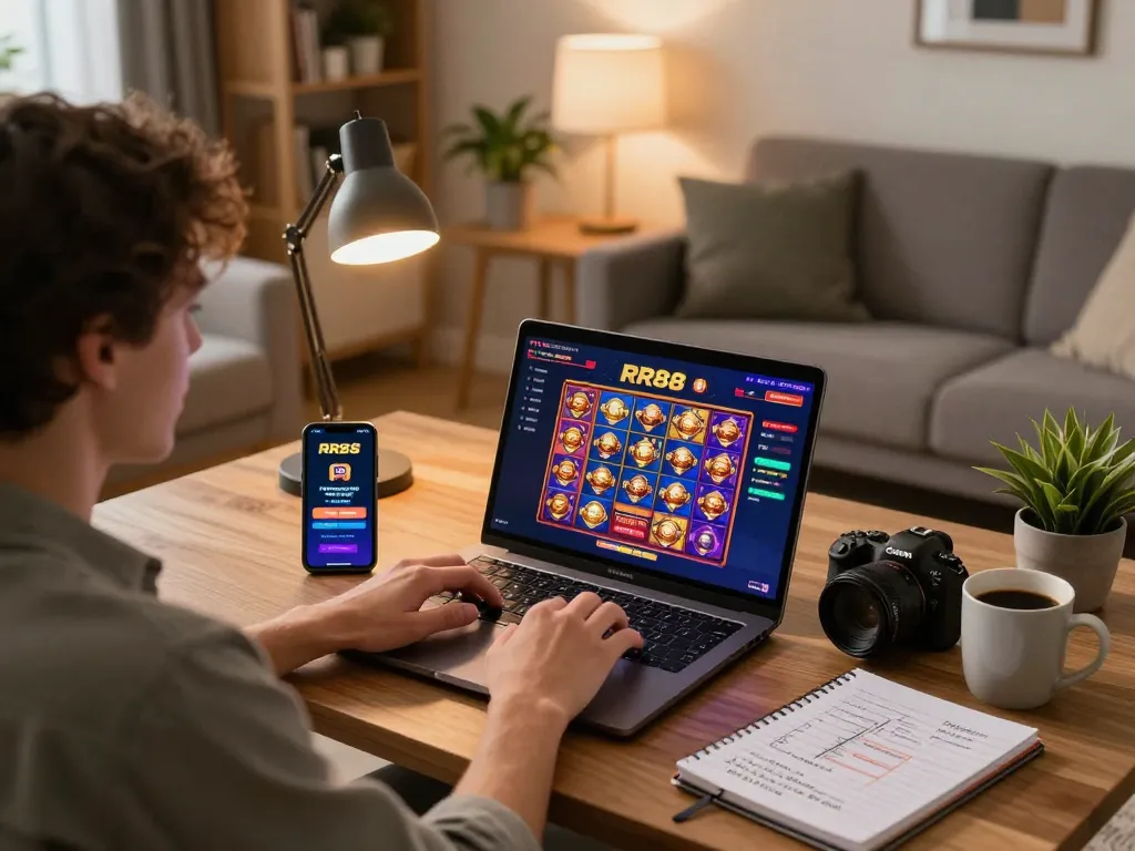 Engaging scene of a player utilizing RR88 casino app on a laptop, depicting a vibrant online gambling atmosphere.