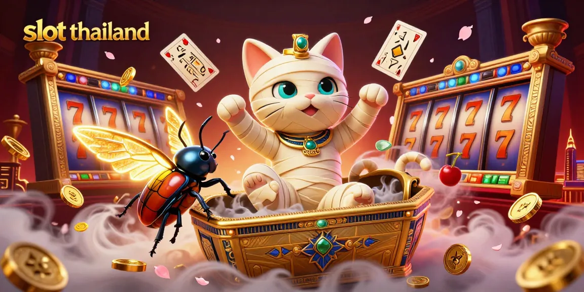 Experience thrilling gameplay at slot thailand with a vibrant casino scene featuring a mummy cat and golden elements.