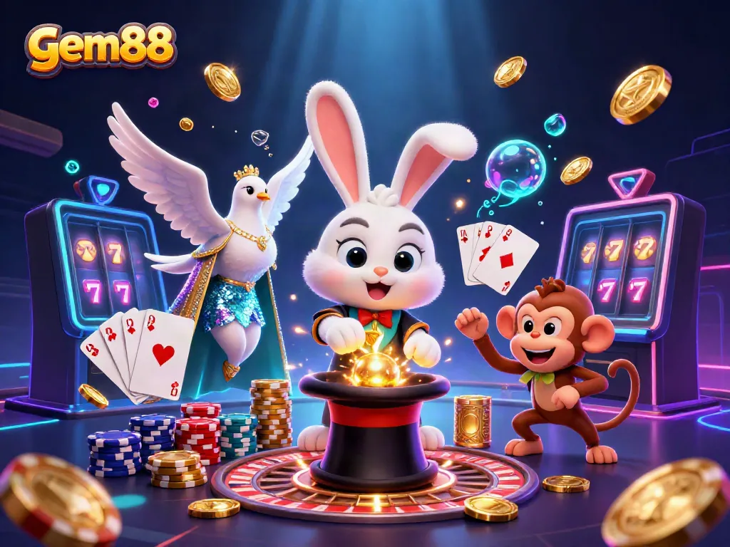 Experience thrilling gameplay at gem88 with a 3D magician rabbit and dazzling casino elements