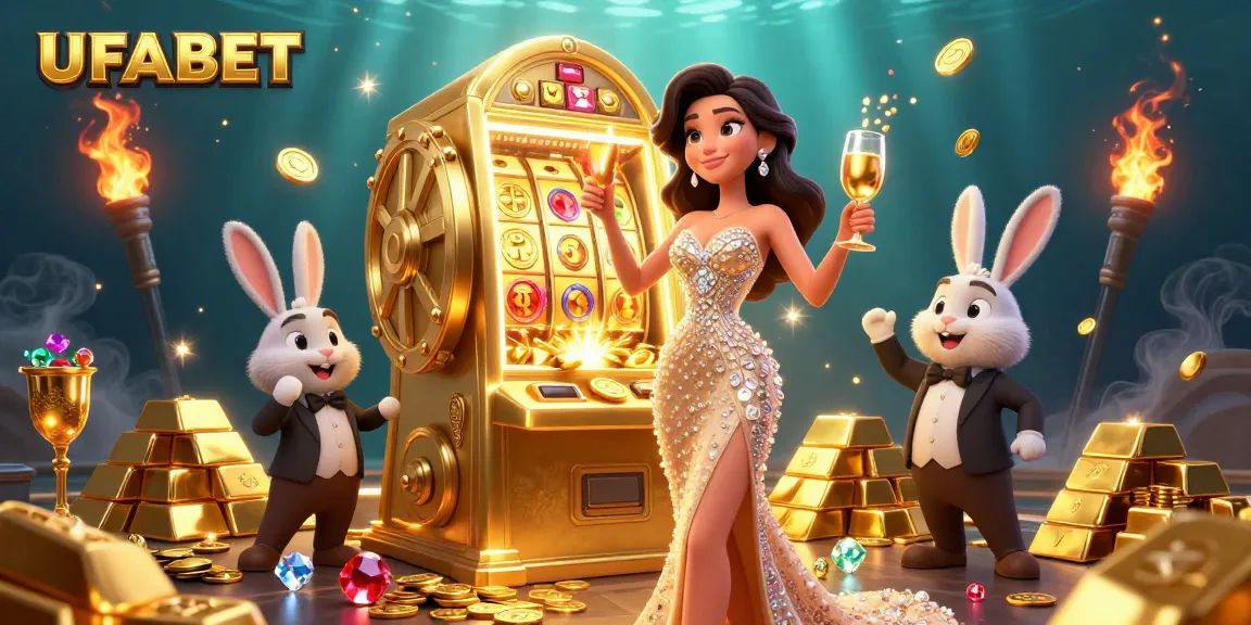 Engage with the excitement of UFABET's jackpot slots surrounded by wealth elements and a vibrant scene.