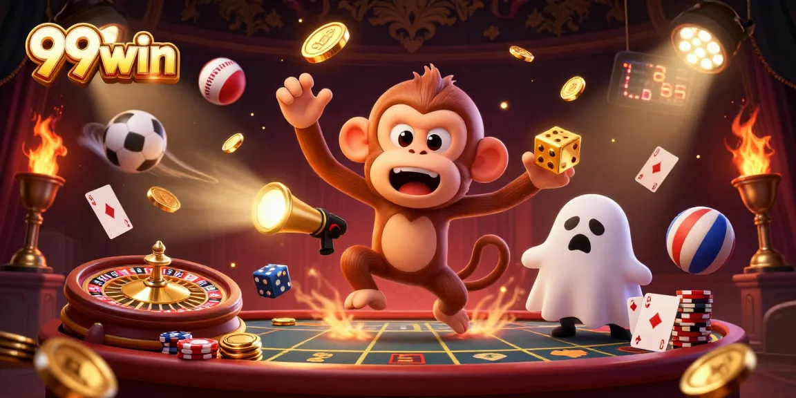 Engage with thrilling 99win experiences featuring an animated poltergeist monkey and sports dynamics.