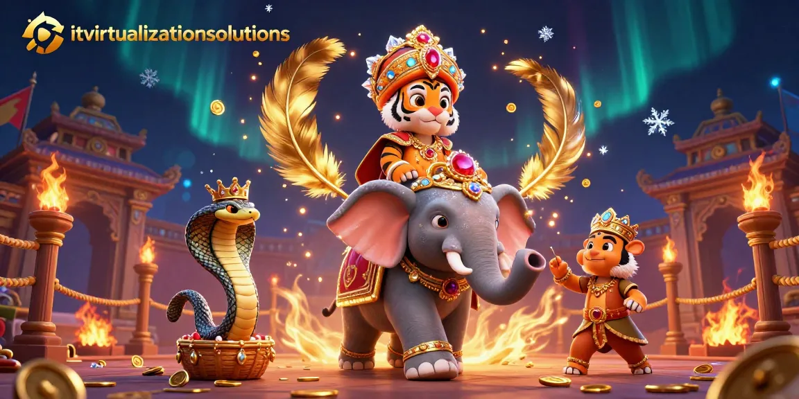 Engage with the dynamic itvirtualizationsolutions casino scene featuring a captivating maharaja tiger, jewel-encrusted elephant, and betting elements.