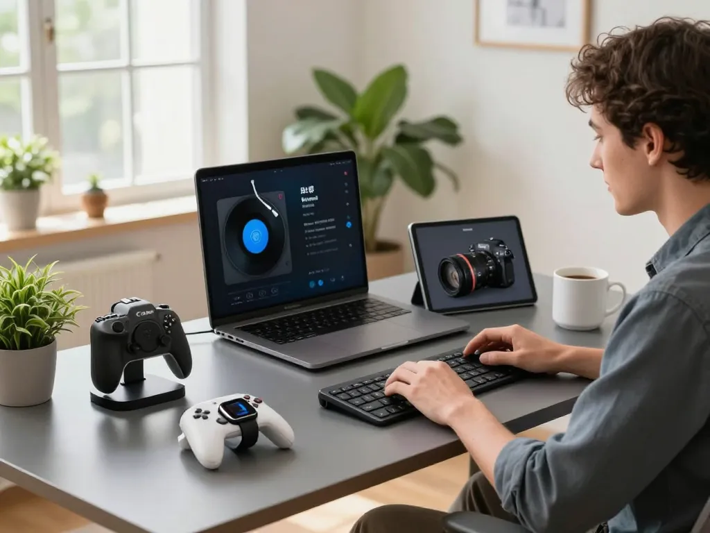 Explore must have tech gadgets in a modern home office with Bluetooth devices and innovative tools.