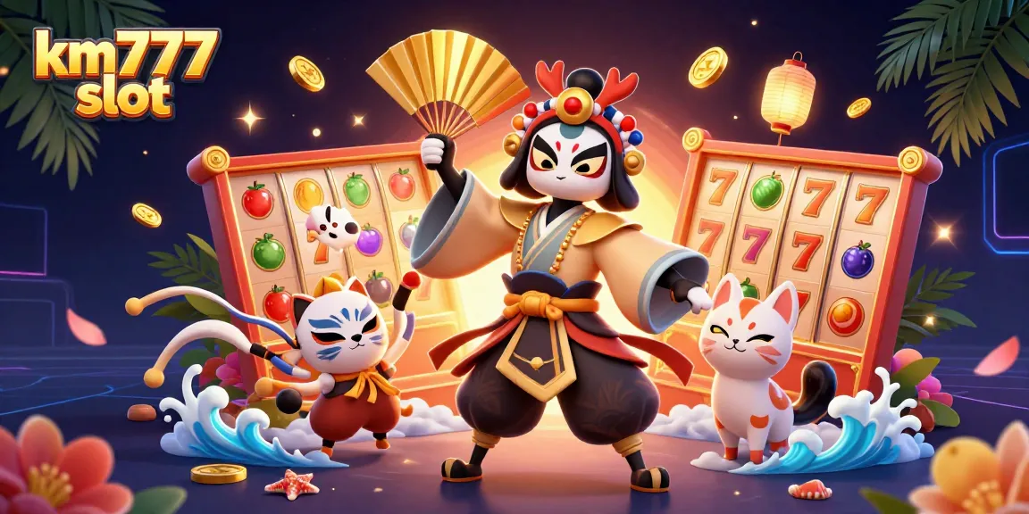 Spin the reels of km777 slot with a kabuki warrior and a kitsune in a vibrant casino scene.