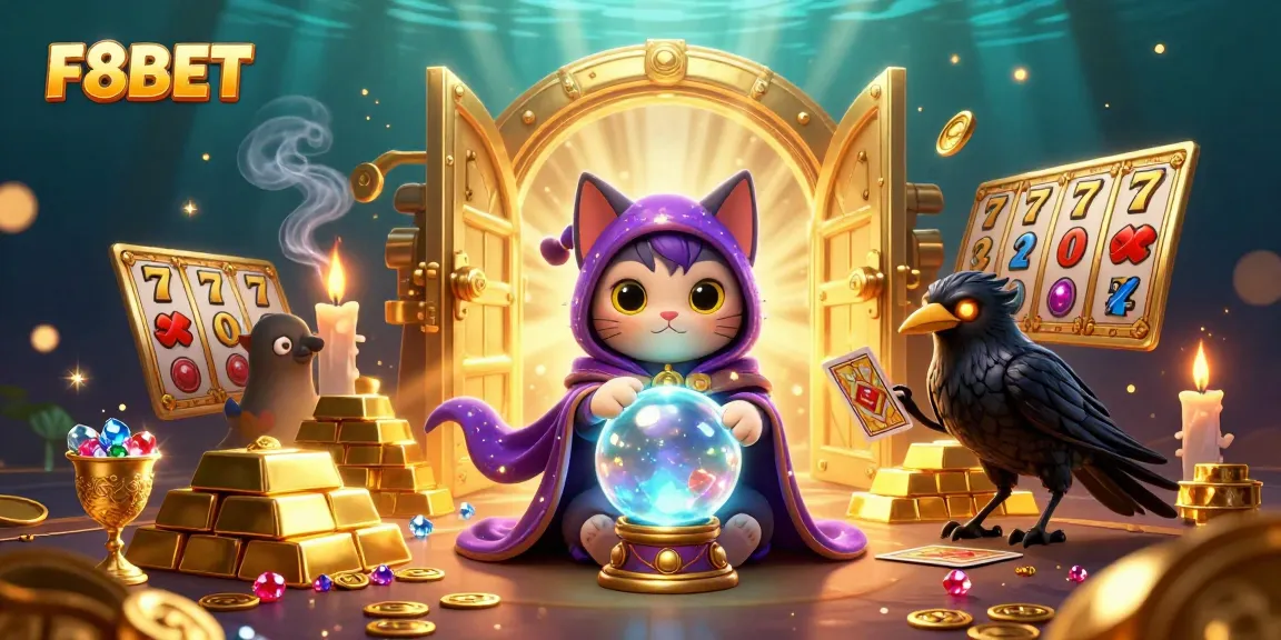 Experience magical winning moments at F8BET with a vibrant cartoon illustration showcasing a fortune teller cat and a raven amidst a treasure-filled casino.