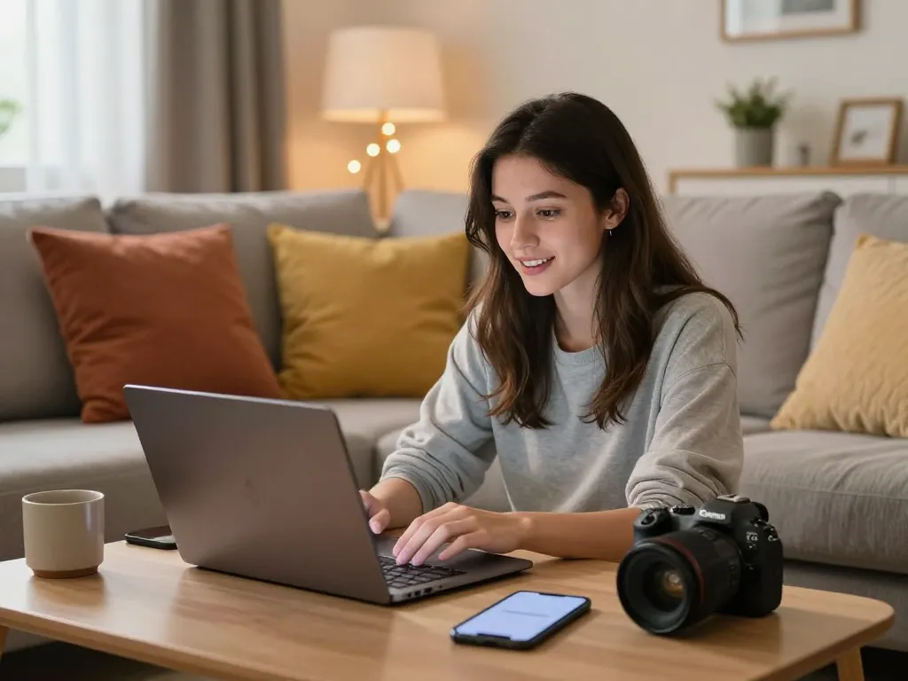 Engaging virtual interaction with an AI gf in a cozy setting, showcasing tech and companionship.