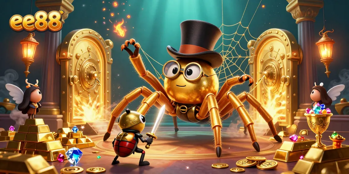ee88 reveals a captivating 3D casino scene with a golden tarantula and beetle knight amidst riches.