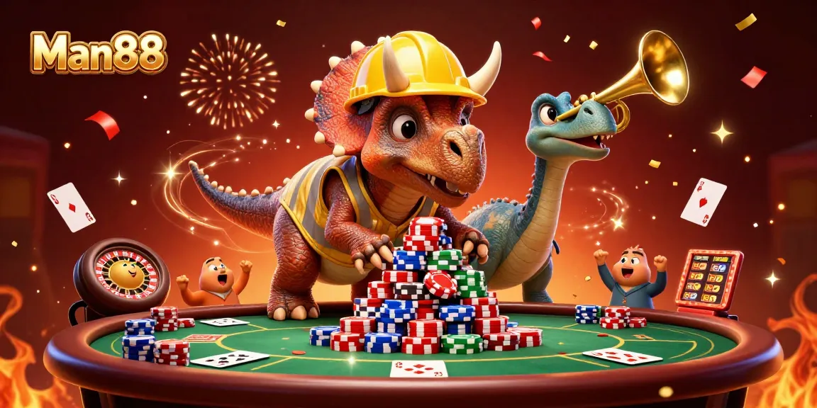 Man88 showcases a lively casino scene with poker champions and festive celebrations.