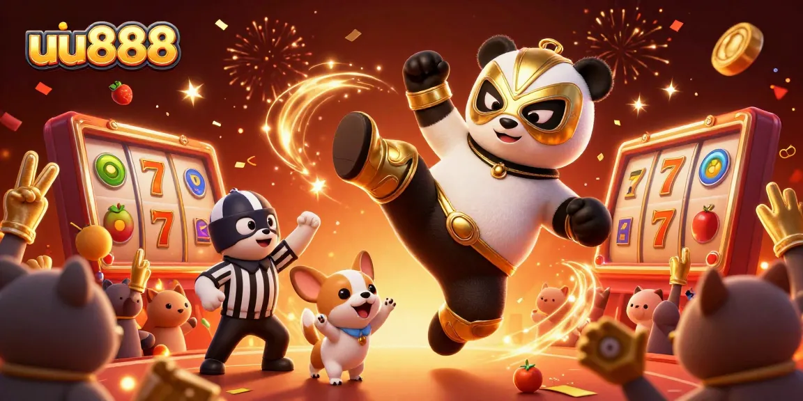 Experience thrilling action with uu888 slots featuring a panda wrestler and vibrant casino symbols.