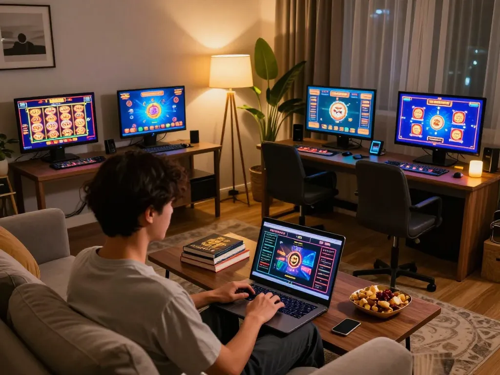 Engaging online gambling scene featuring 88vv gaming on multiple screens with cozy ambiance