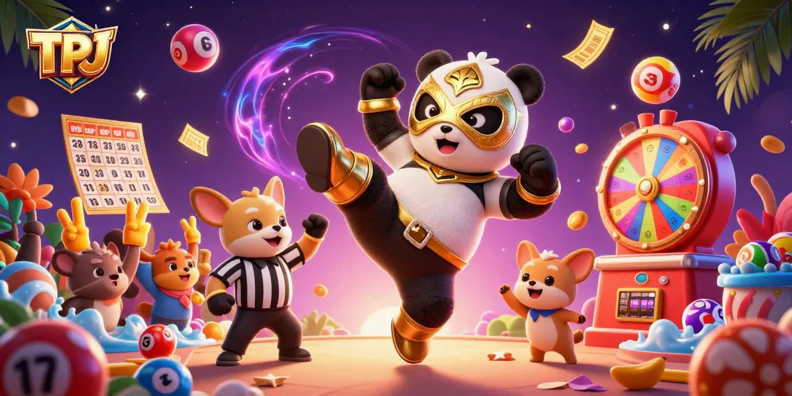 TPJ offers a lively casino scene with a panda wrestler, cheering animals, and colorful lottery elements.