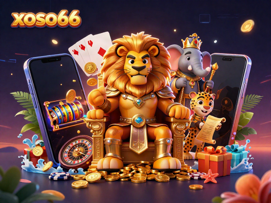 Win big with xoso66 in this vibrant casino illustration featuring a lion king surrounded by gambling games.