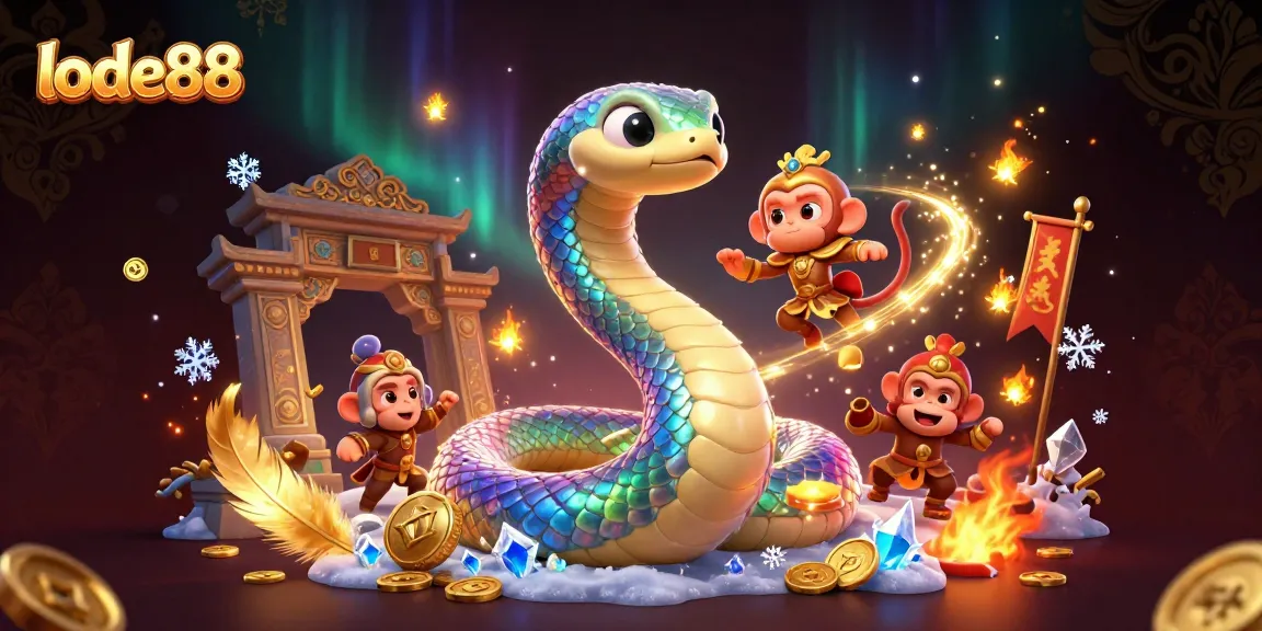 Experience vibrant lode88 gaming with animated serpent, golden monkey king, and dazzling effects.