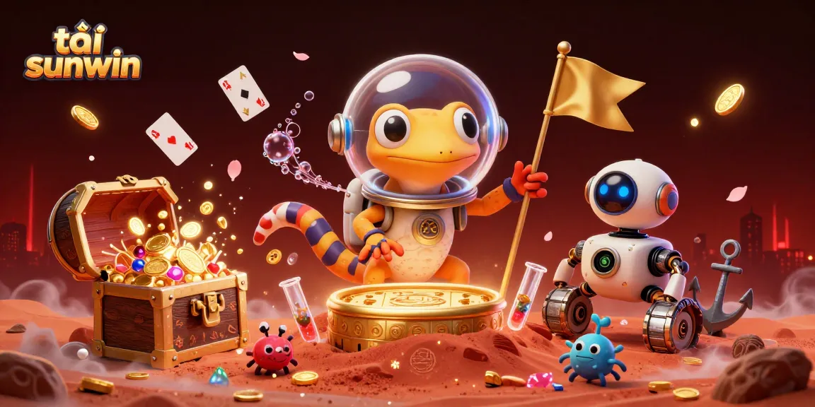 Play and win at tải sunwin with a colorful illustration of a Martian gecko in a casino.