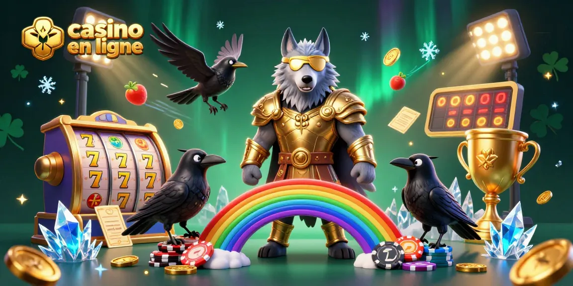 Profitez des jeux au casino en ligne avec un loup Odin et ses corbeaux sur un pont de jetons.