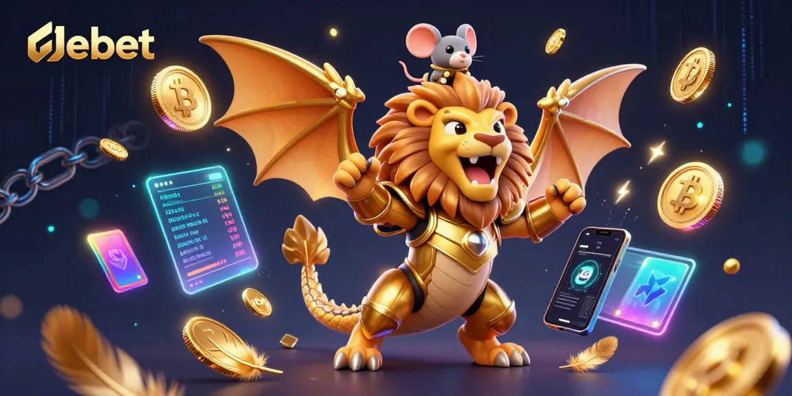 Engage with debet's vibrant gaming scene showcasing cryptos and a triumphant chimera creature.