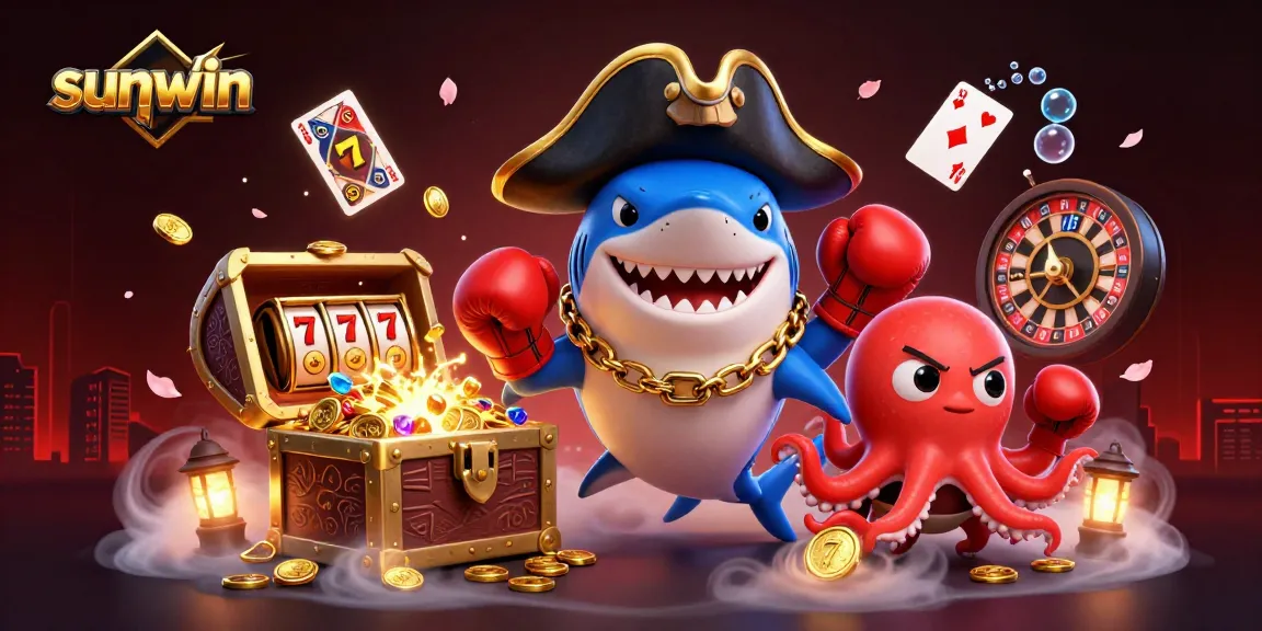Experience an engaging scene with sunwin’s cartoon pirate shark and friends winning in casino games.