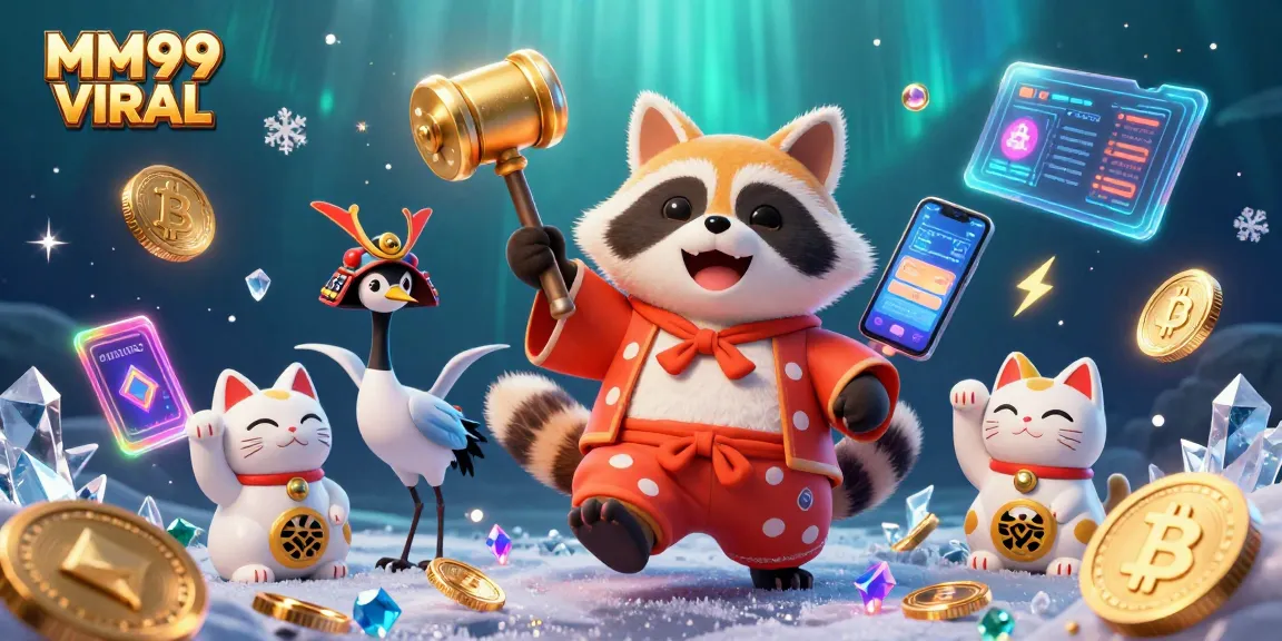 Engage with MM99 VIRAL's interactive scene showcasing a tanuki, crane, and lucky cats amidst crypto elements.