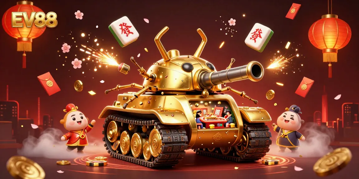 Experience the excitement of EV88 with a dynamic casino scene inside a massive golden beetle tank.