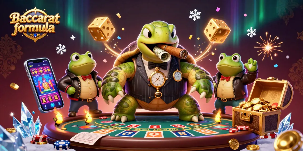 Baccarat formula showcased by a cartoon turtle in a pinstripe suit and two bullfrog enforcers at a lively casino scene.