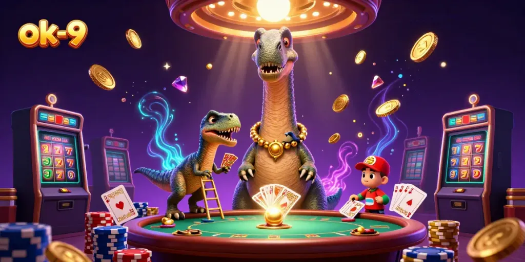 Experience thrilling gaming at ok-9 with a vibrant scene featuring playful dinosaurs, poker, and cascading winnings.
