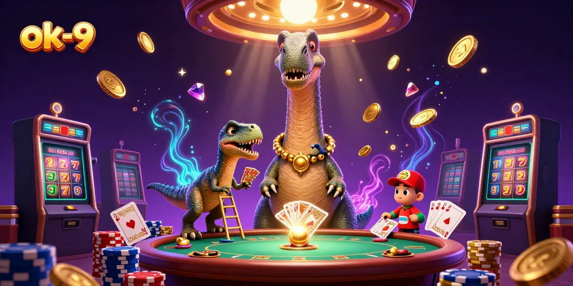 Experience thrilling gaming at ok-9 with a vibrant scene featuring playful dinosaurs, poker, and cascading winnings.