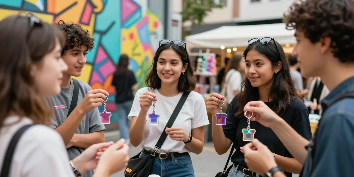 Custom keychains displayed by a diverse group in an urban setting, showcasing vibrant designs and lively interaction.