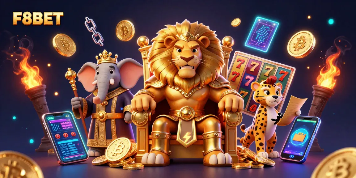 Engage with F8BET's thrilling slots and jackpot games, showcased in a vibrant 3D illustration.