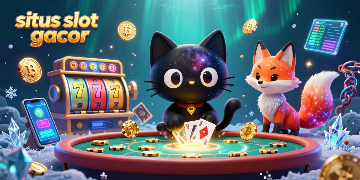 Engage with situs slot gacor at a cosmic casino with a black hole cat and nebula fox amidst dazzling game elements.