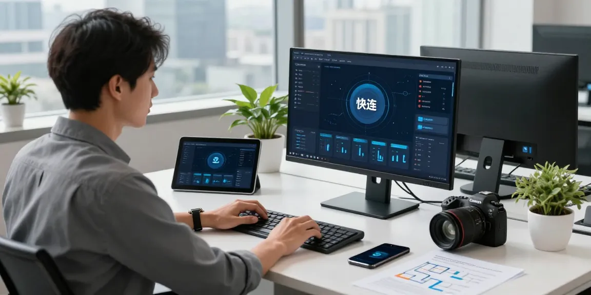 Focused professional using 快连 network optimization software in a modern tech workspace