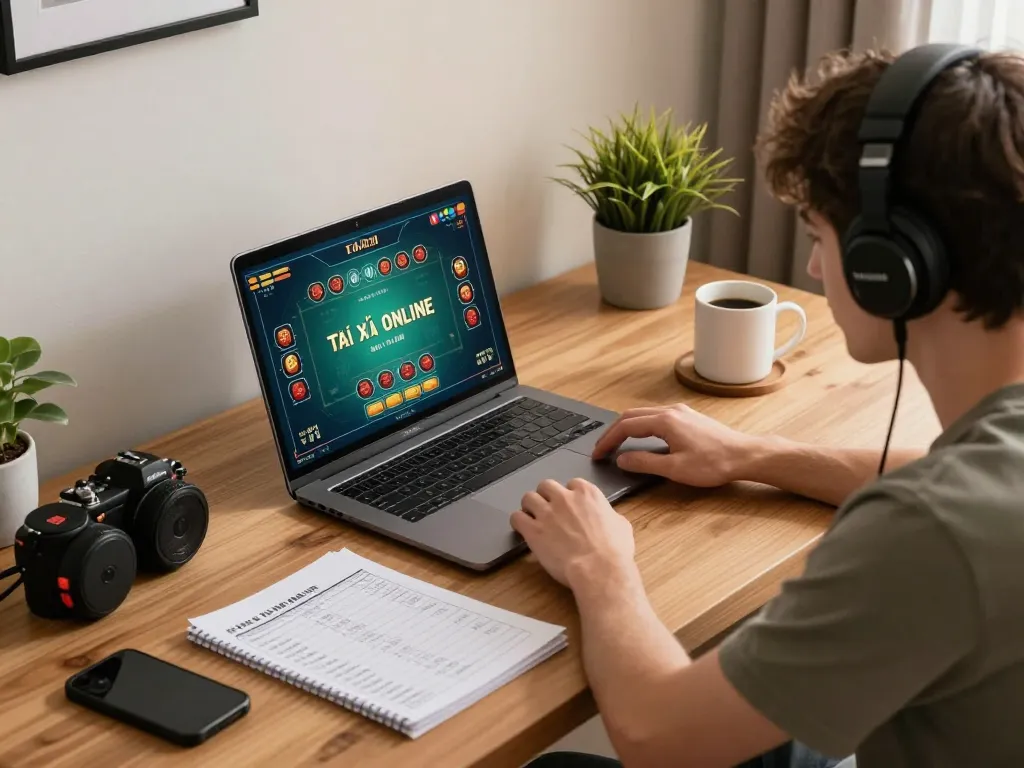 Tài Xỉu Online player strategizing bets on a laptop in a cozy home setting