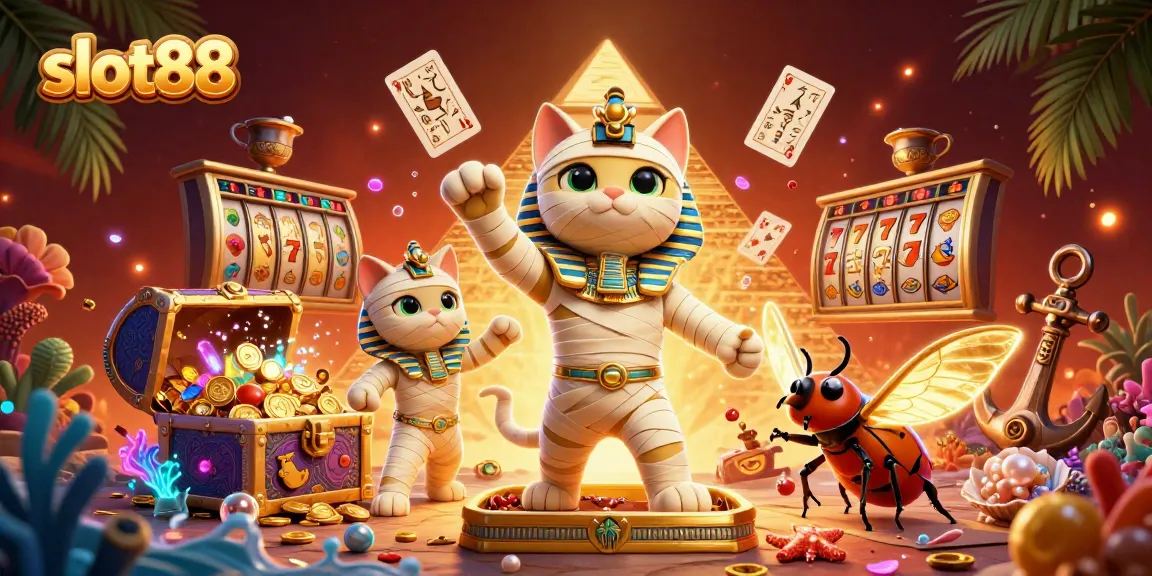 Permainan slot88 menarik dengan mumi kucing di kasino, jackpot dan simbol keberuntungan.