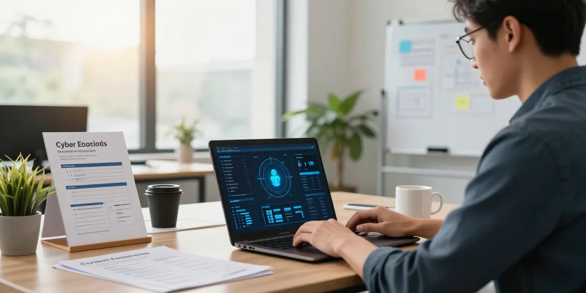 Cyber Essentials requirements checklist and consultant in modern office setting highlighting cybersecurity compliance.