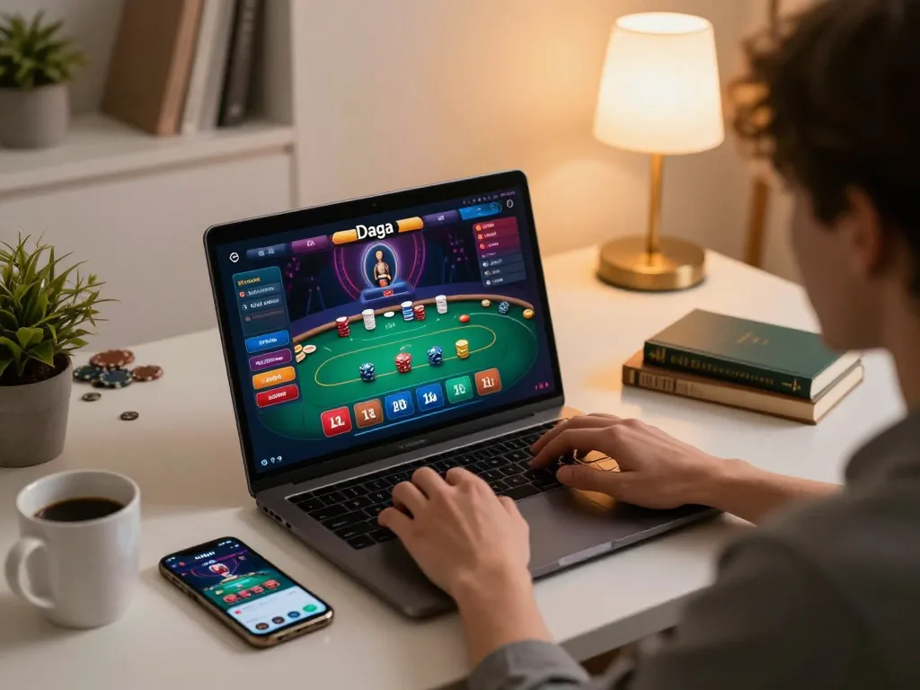 Daga poker gaming interface displayed on laptop during focused home session.