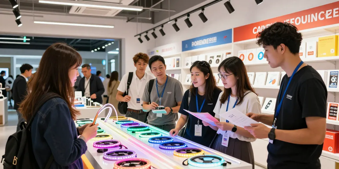 Banda LED flexibilă în expoziție, clienți interacționând cu produsele Optonica într-un magazin modern.