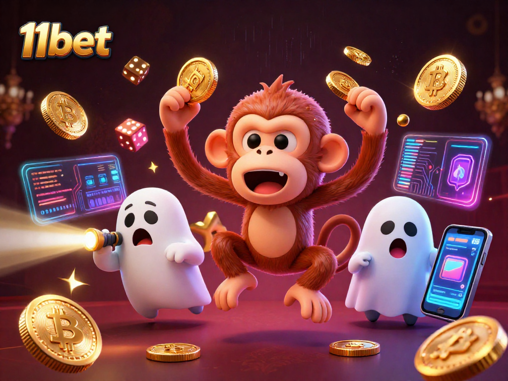 Engage in thrilling gameplay with 11bet's dynamic haunted casino scene featuring a poltergeist monkey.