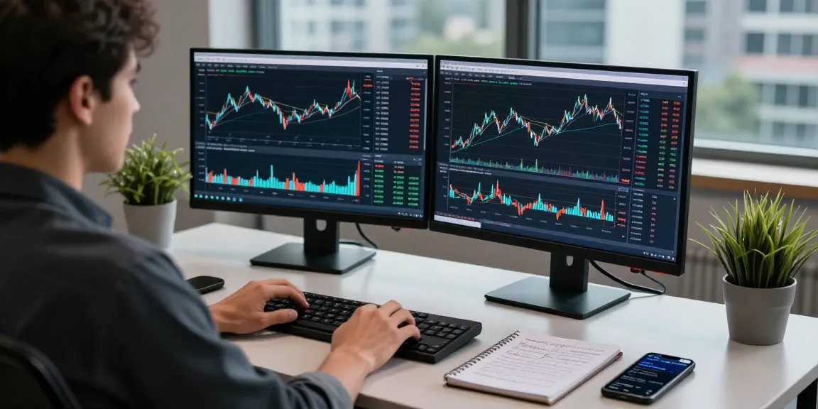 Real-time Forex data analysis scene featuring a developer working with silver market data feed, technical charts, and trading tools in a modern workspace.
