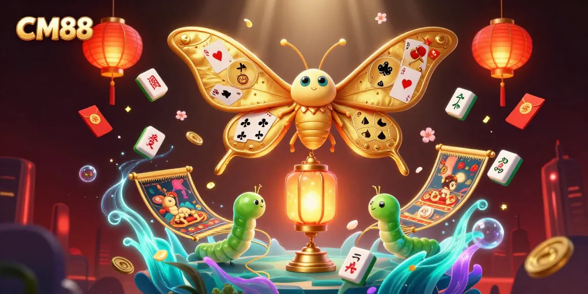 Engage in CM88's vibrant online casino experience with colorful moths, lanterns, and dynamic gaming elements.