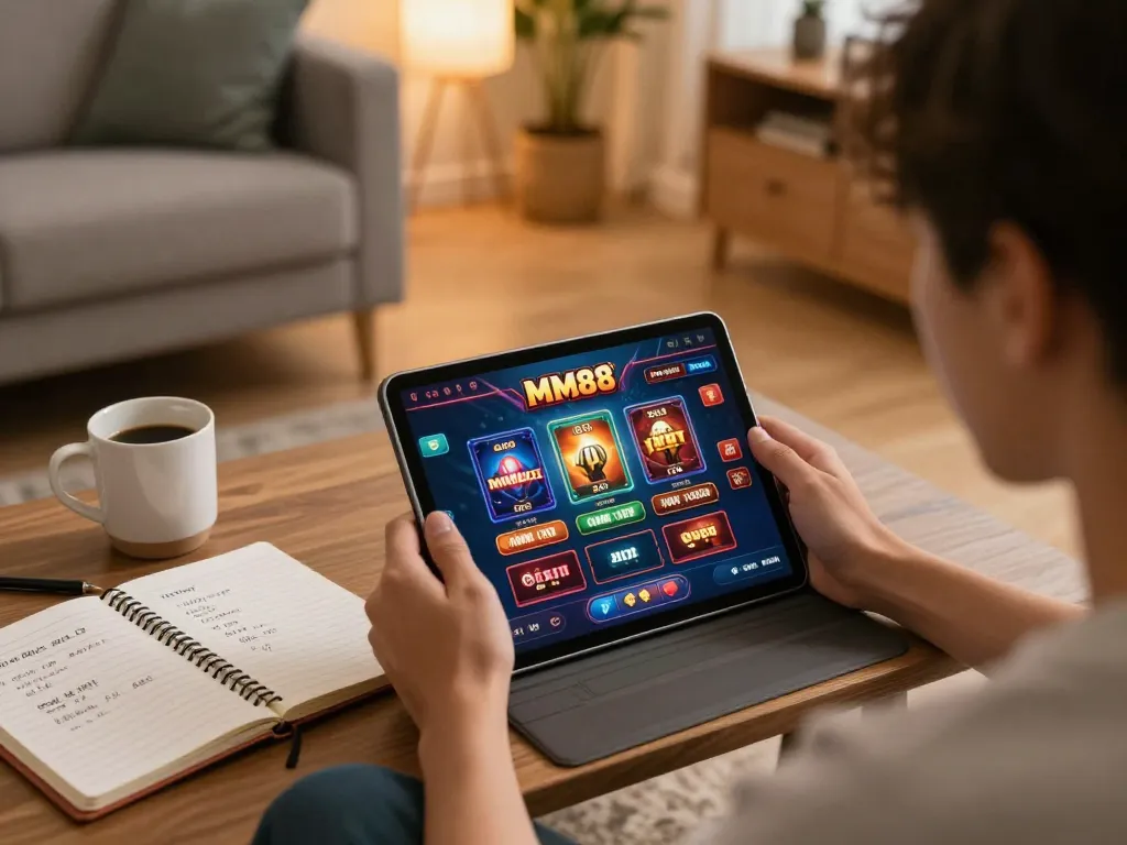 Player engaging with the MM88 casino app on a tablet in a cozy living room setting.