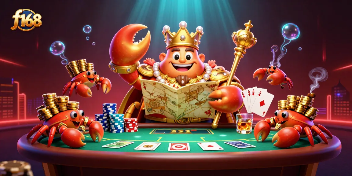 Experience the thrill of f168 with a vibrant 3D casino scene filled with golden characters and poker elements.