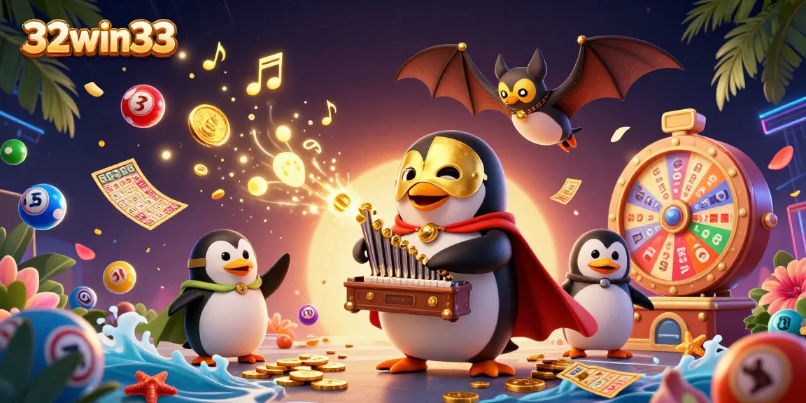 Spin and win with 32win33 in this vibrant and dynamic casino illustration featuring a penguin playing the organ!
