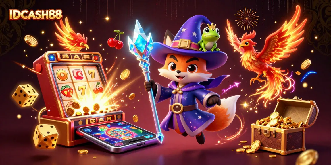 IDCASH88 dazzles with a 3D scene of a wizard fox and phoenix amidst vibrant casino elements.