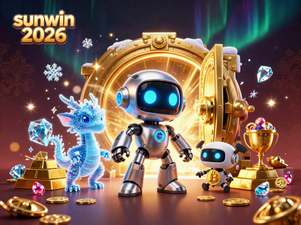 Engaging scene of sunwin 2026 with cyberpunk robot, AI dragon, and bitcoin drone.