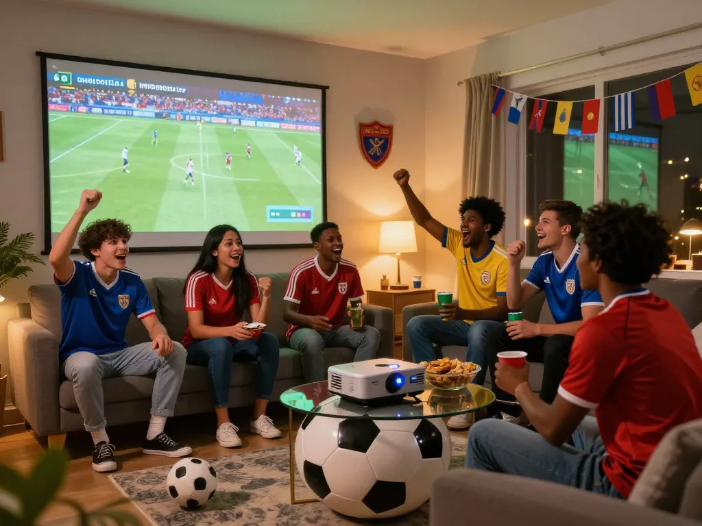 Fans enjoying live soccer on https://luongson117.tv/ with snacks, jerseys, and exciting decor in a cozy living room.