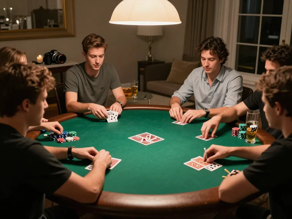 Engaged players in a strategic lc88 poker game, showcasing chips and cards in a cozy home setting