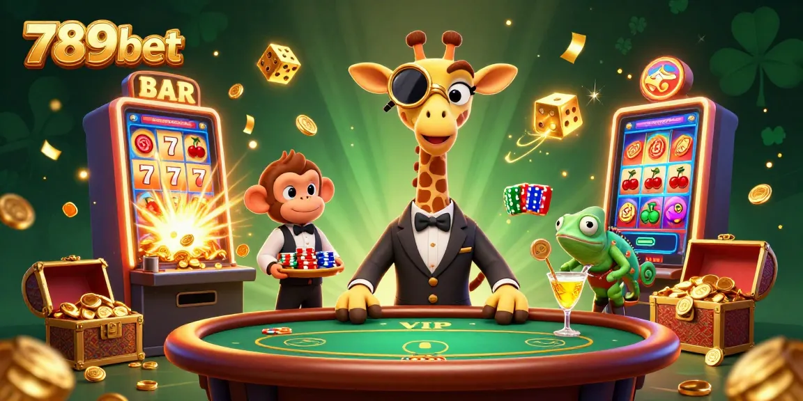 Engage in thrilling gaming with 789bet, featuring a high-roller giraffe and casino elements.