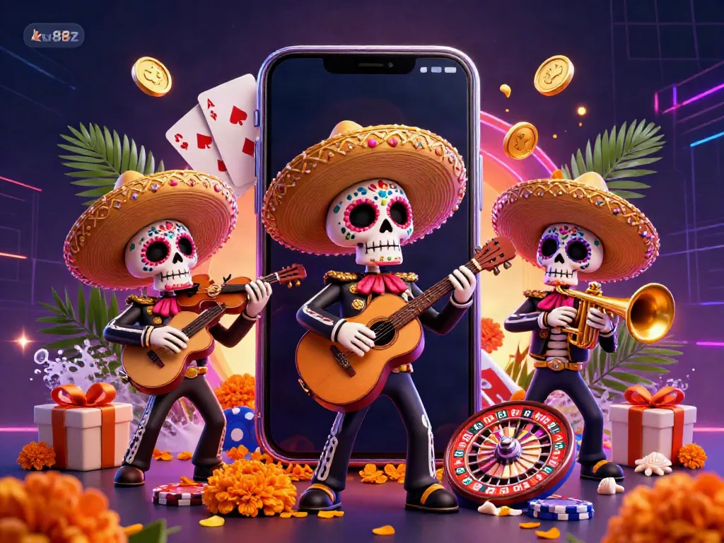 Engage with vibrant 3D ku88z casino scene featuring playful skeleton mariachi musicians and dynamic game elements.