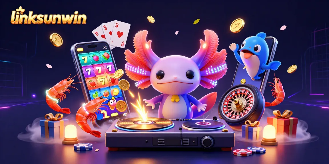 Experience the excitement of linksunwin with a vibrant 3D casino scene featuring a neon axolotl DJ and dynamic slot elements.