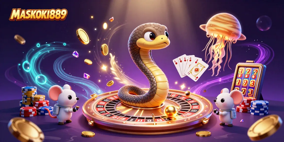 Engage with MASKOKI889's cosmic gaming adventure featuring a casino scene with vibrant characters.
