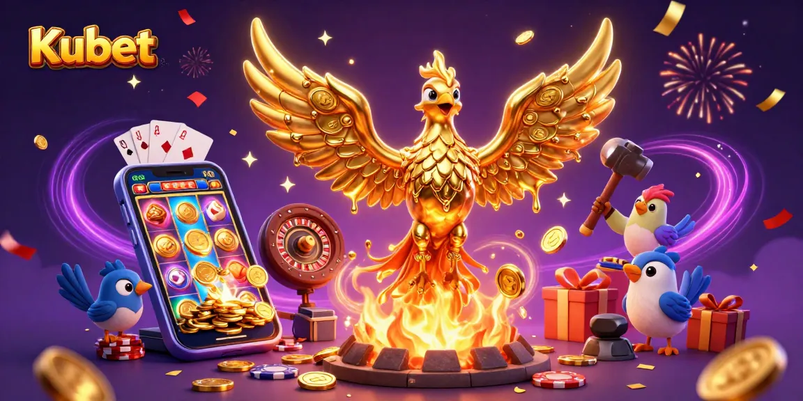 Kubet casino gaming scene featuring a molten metal phoenix, vibrant slot games, and festive elements for engaging players.